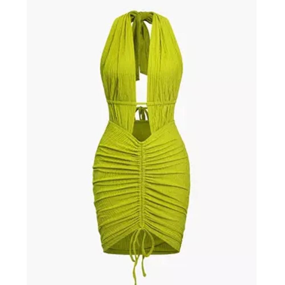 Micas Vacation Solid Cutout Tie Back Drawstring Mini Green Dress Party Large
